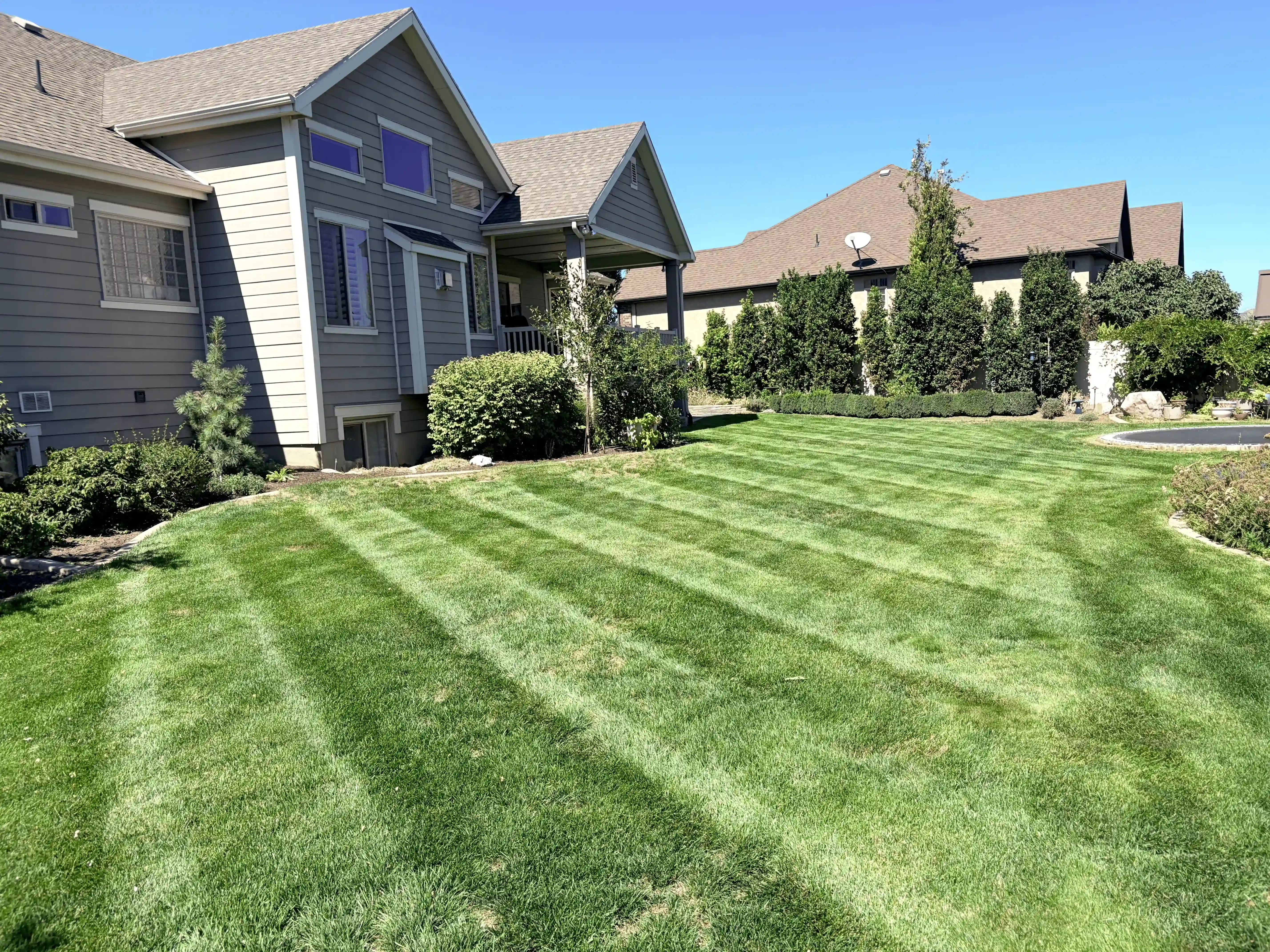 Freshly mowed Davis County front yard with clean mowing stripes and sharp edging along the curb